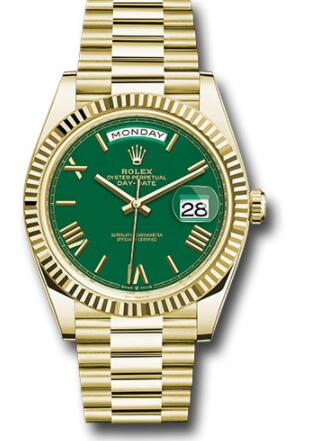 Replica Rolex Yellow Gold Day-Date 40 Watch 228238 Fluted Bezel Green Roman Dial President Bracelet